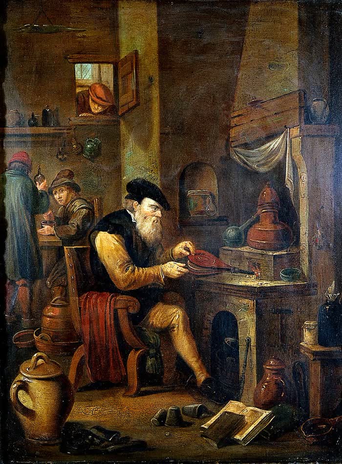 An alchemist at work in his laboratory, oil painting after David Teniers the Younger, 17th century
