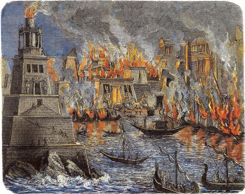 Flames consuming the Library of Alexandria, a crowd of figures watching as smoke rises into the sky, illustration by Hermann Göll, 1876