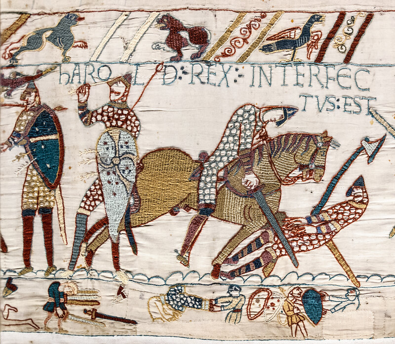 Scene from the Bayeux Tapestry depicting the death of King Harold at the Battle of Hastings in 1066
