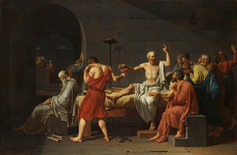 The Death of Socrates by Jacques-Louis David, depicting Socrates calmly reaching for the cup of hemlock while surrounded by his grieving students