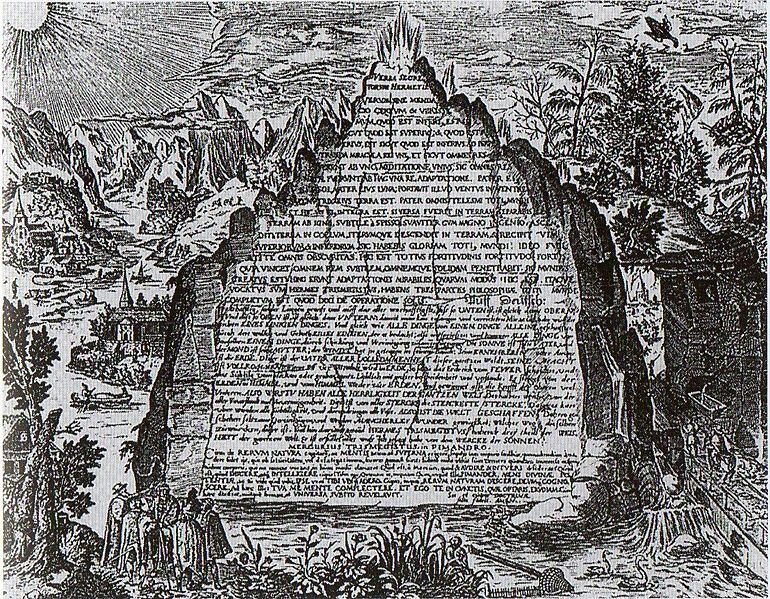 A 17th-century engraving of the Emerald Tablet of Hermes Trismegistus, showing the mythical tablet surrounded by alchemical and Hermetic symbols