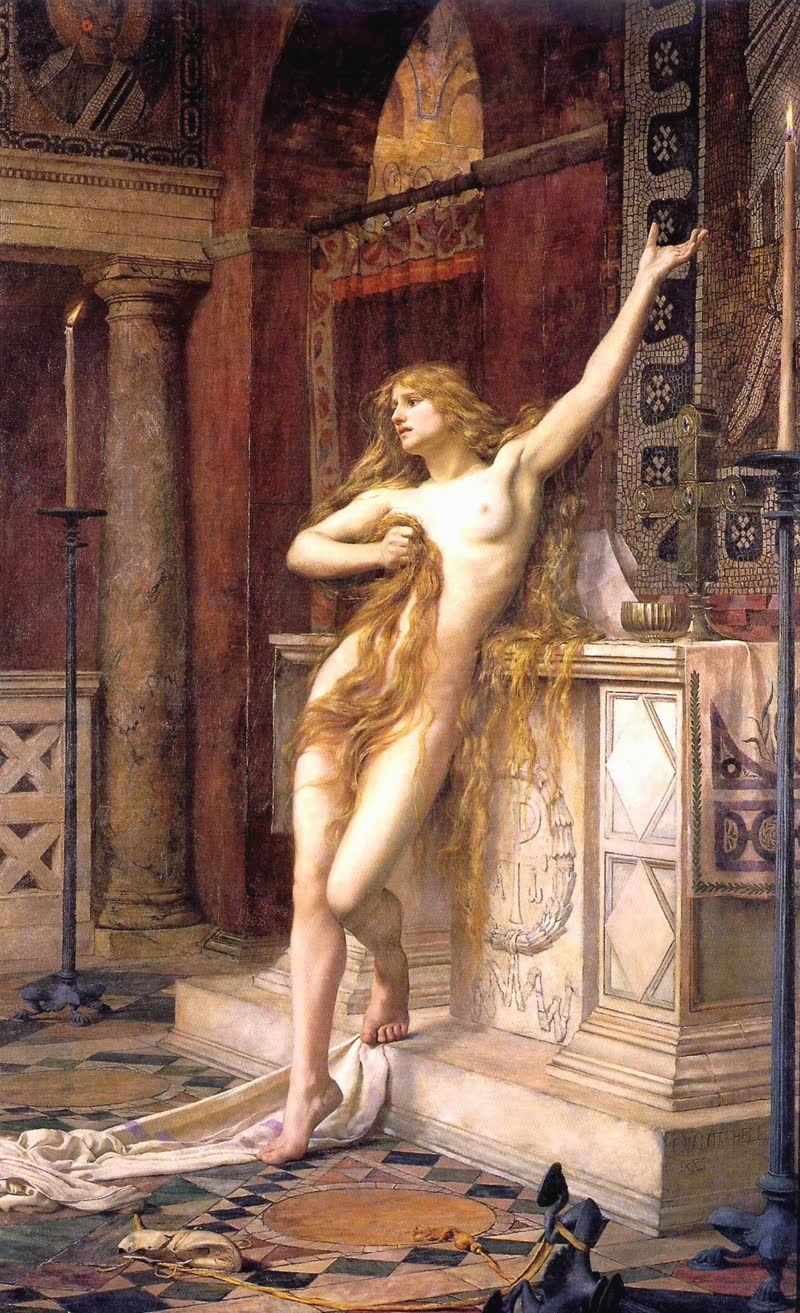 Hypatia of Alexandria, a woman in white robes seated on stone steps, painting by Charles William Mitchell, 1885