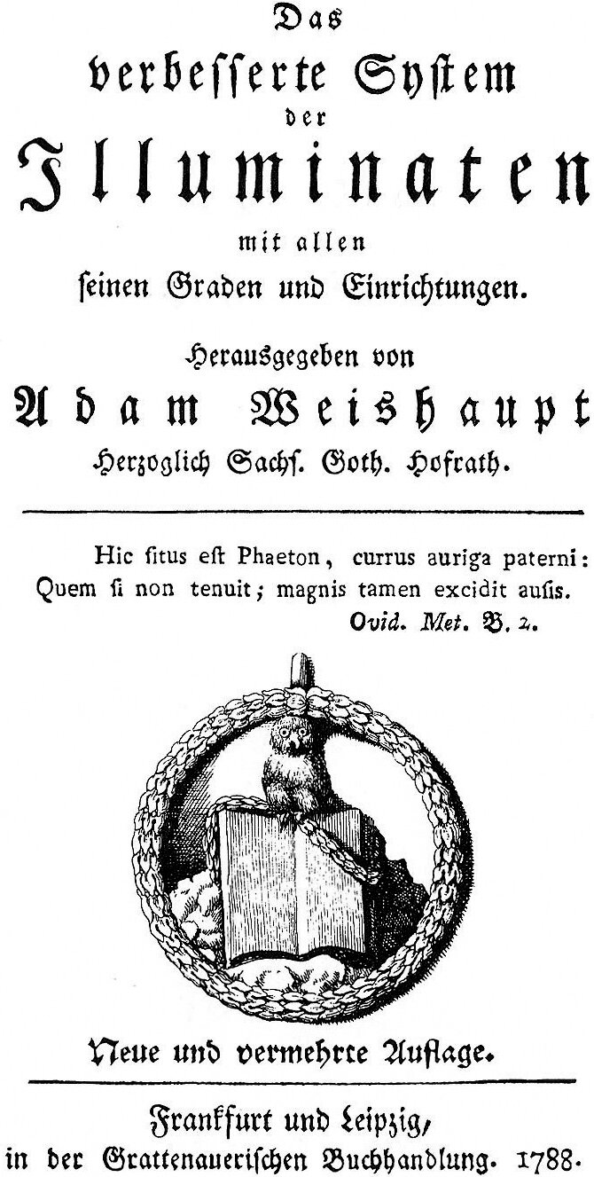 Minerval insignia of the Bavarian Illuminati, depicting the Owl of Minerva perched atop an open book