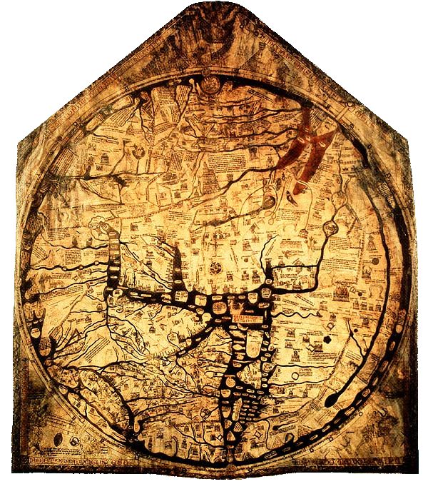The Hereford Mappa Mundi, c. 1300, showing Jerusalem at the center of a circular world with Christ presiding at the top