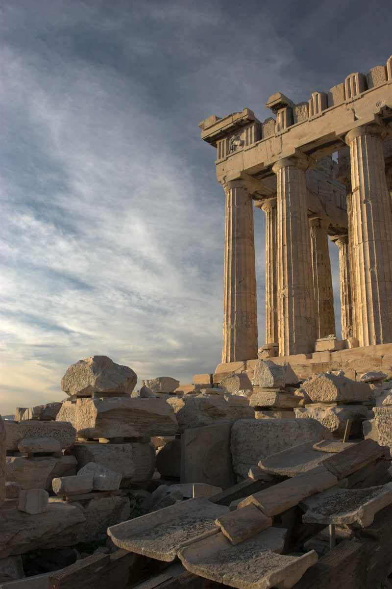 The Parthenon on the Acropolis in Athens, viewed from the west, showing Doric columns and pediment
