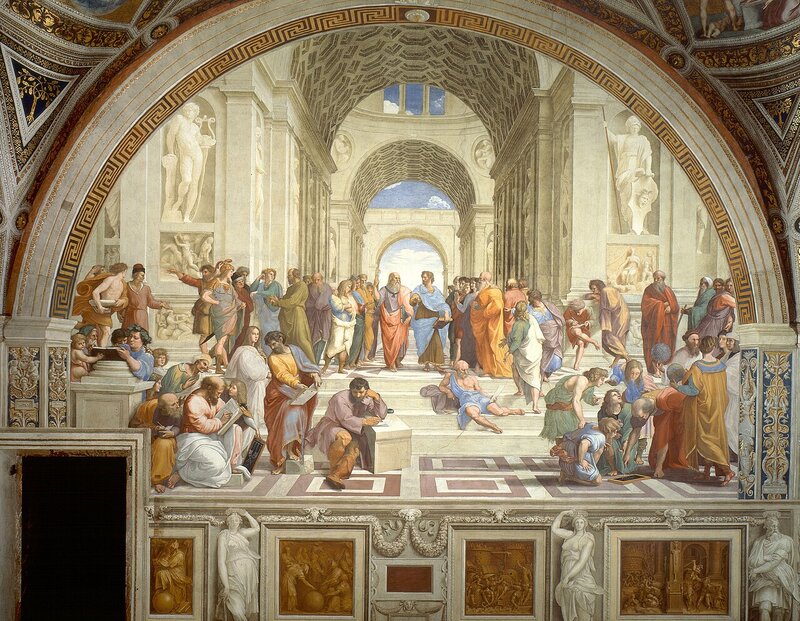 The School of Athens by Raphael, a fresco depicting Plato, Aristotle, and other ancient philosophers gathered in a grand classical hall