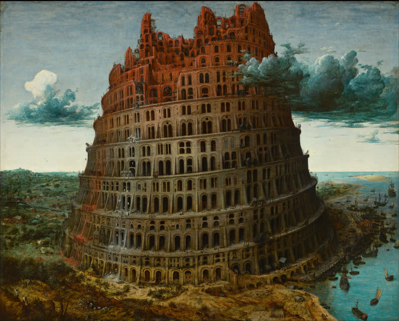 The Tower of Babel by Pieter Bruegel the Elder, circa 1568, oil on panel depicting the biblical story of the confusion of languages