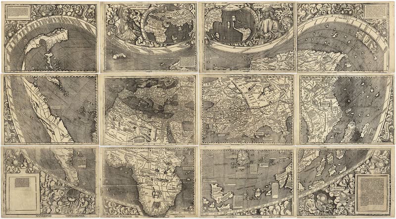 The Waldseemüller Map of 1507, the first map to name America, showing Europe, Africa, Asia and the newly discovered American continents